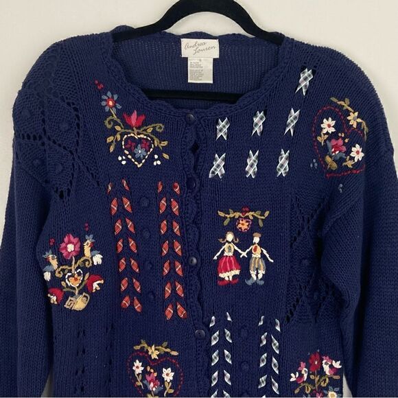 Andrea Lauren Vintage Cardigan Folklore Embroidered Chunky Knit Women’s S Ramie - Picture 12 of 14
